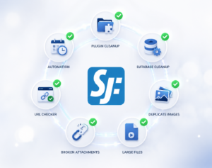 SJF Cleaner Plugin – Funktionsübersicht mit Plugin Cleanup, Database Cleanup, URL Checker, Duplicate Images, Broken Attachments, Large Files und Automation