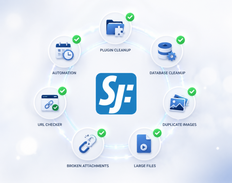 SJF Cleaner Plugin – Funktionsübersicht mit Plugin Cleanup, Database Cleanup, URL Checker, Duplicate Images, Broken Attachments, Large Files und Automation