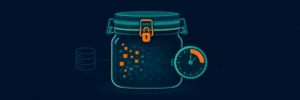 Illustration eines verschlossenen Glases mit verblassenden Datenpunkten im Inneren, einem Datenbank-Icon links und einem Countdown-Timer rechts als Symbol für ablaufende Transients.